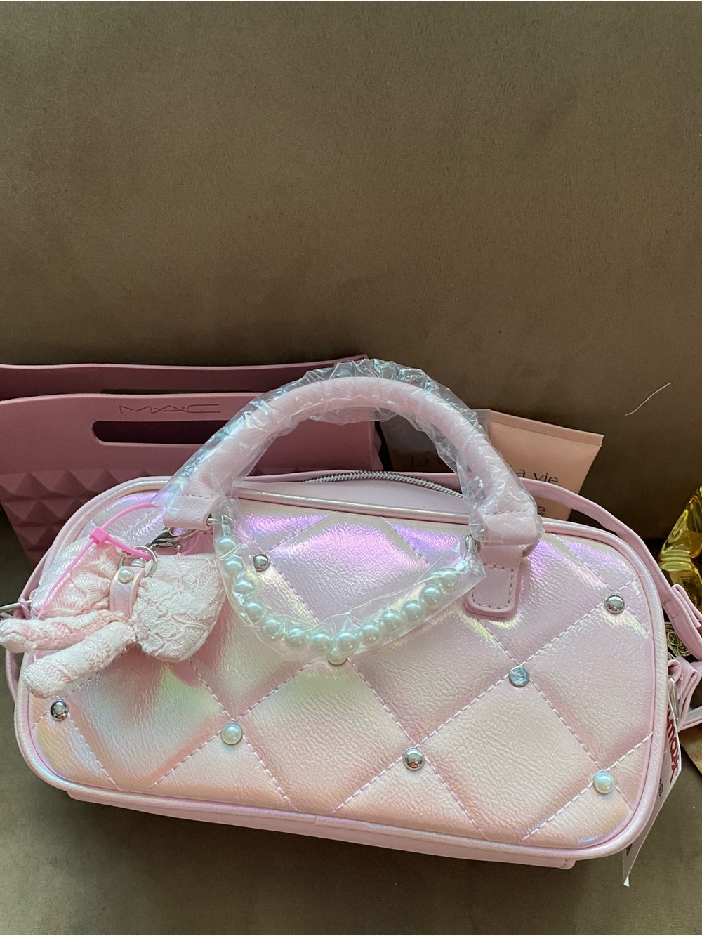 Pink Quilted Pearl-Handle Crossbody Bag
